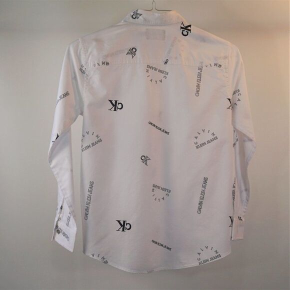 Calvin Klein Jeans All Over Print Dress Shirt Boys Button Up White Sz M Flaw - Picture 6 of 10